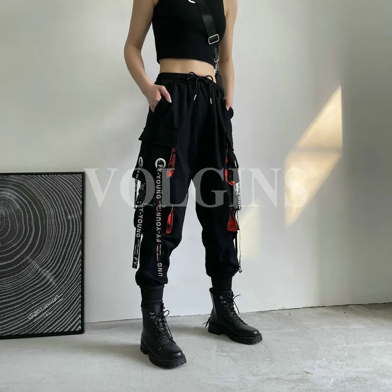 Pantalones Cargo con cinta para correr para mujer, pantalones femeninos de cintura elástica, ropa de calle alta, pantalón Harajuku Punk de algodón, 2021