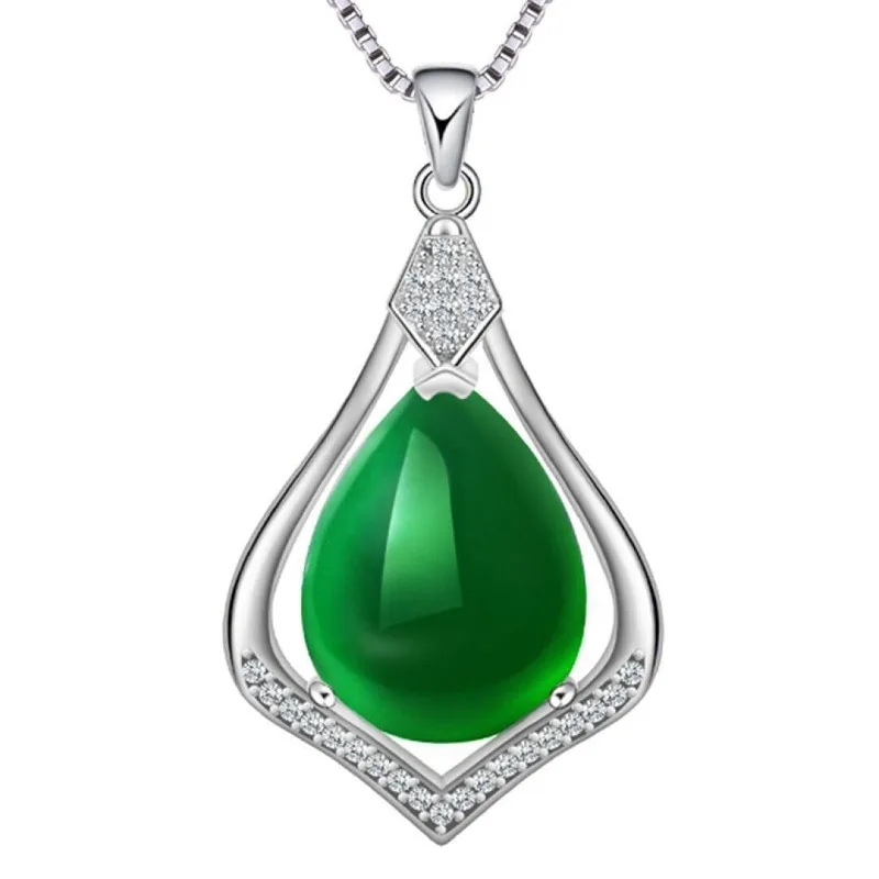 

Natural Green Chalcedony Drop Pendant Fashion Jewelry Hand Carved 925 Silver Inlaid Necklace for Men and Women