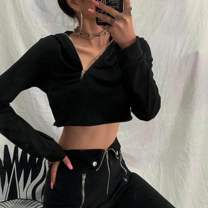 

Deeptown Punk Hoodie Autumn Slim Hoodies Solid Sexy Irregular Women Sweatshirt Fashion Streetwear Black Loose Long Sleeve Hoodie