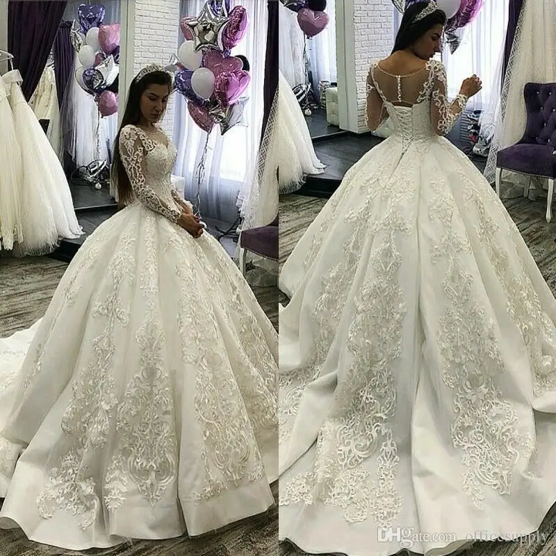 Wedding Dresses Bridal Ball Gowns Corset Lace Up Long Sleeves Appliques Custom 