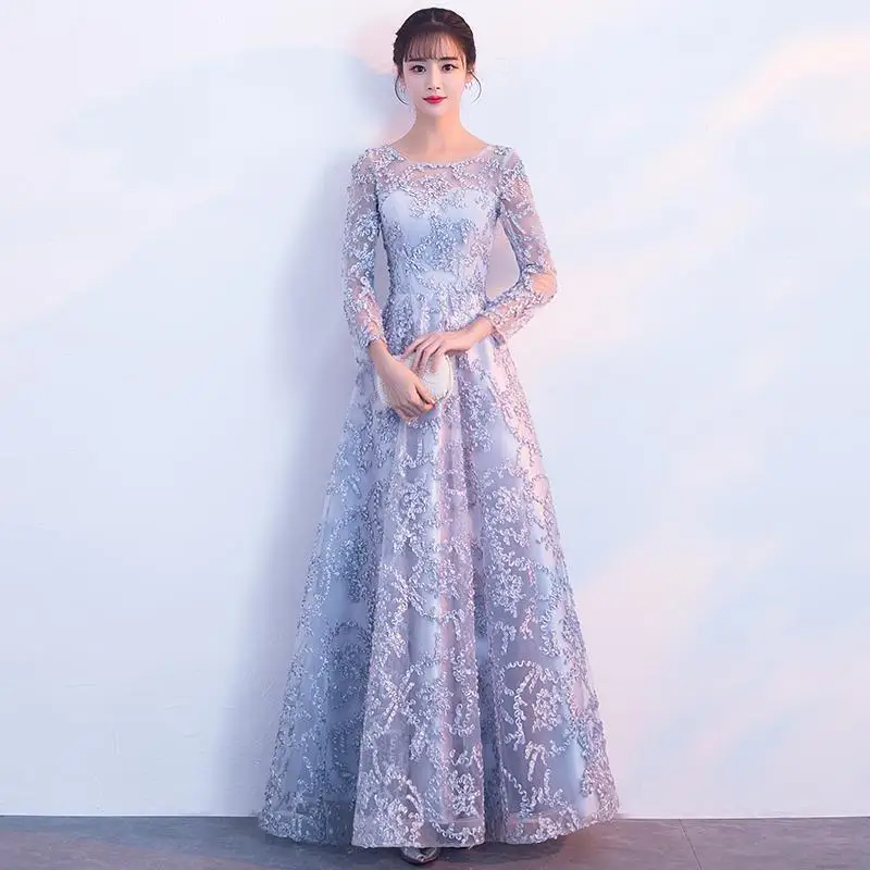 XS-3XL тонкое платье с круглым вырезом женские вечерние Длинные Cheongsam ретро свадебное платье Qipao модная женская одежда Vestido - Цвет: Silver Gray - A