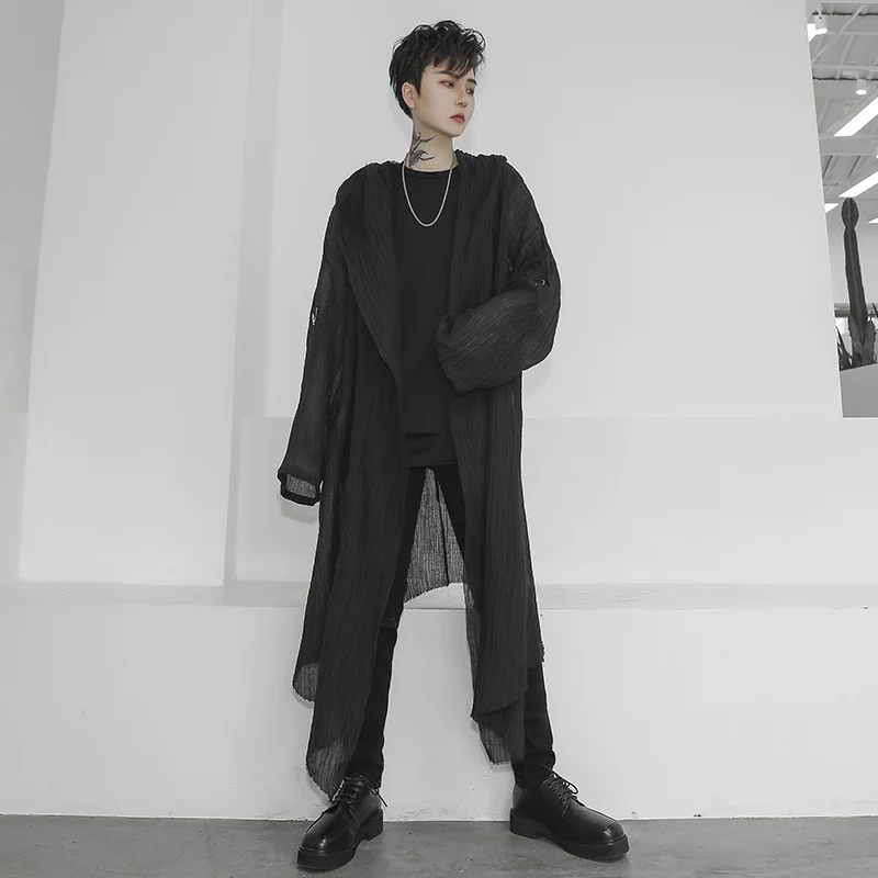 Trench Coat Mens Trench Unisex Casual Open Stitch Hooded Long Cloak Cape Coat Hip Hop Men Solid Loose Trenchcoat