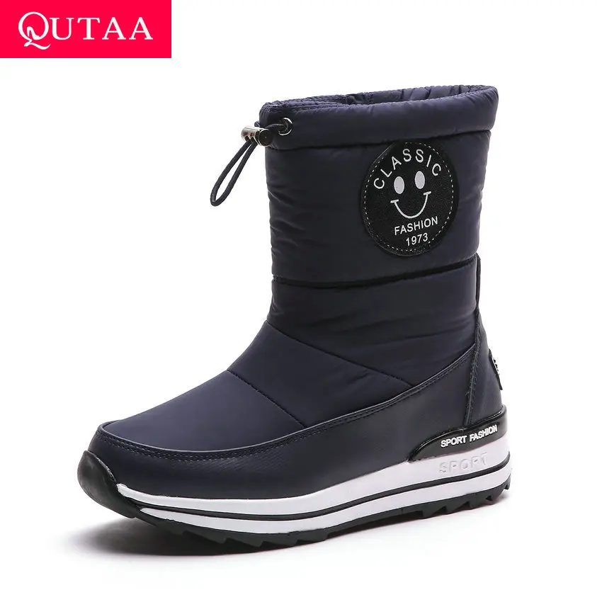 

QUTAA 2020 Round Toe Platform Snow Boots Winter Warm Fur Casual Women Shoes Down Wedge Heel Zipper Mid Calf Boots Big Size 34-43
