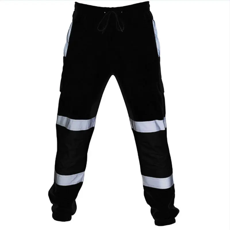 Мужские Защитные Спортивные штаны Hi Vis, рабочая одежда, спортивные длинные брюки для бега, повседневные люминесцентные зеленые брюки - Цвет: Черный