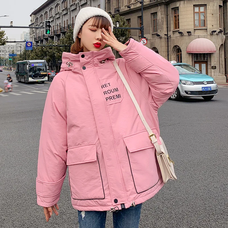 

Women winter mid-long parkas jacket 2019 New Thick warm hooded letter printed jacket Casual solid sweet jackets for female