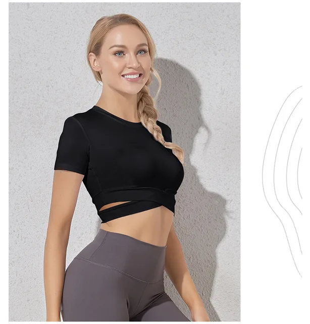 Crop Tops Sports Suits for Women Long Sleeve Yoga Shirts for Women Tracksuits Workout Shirts SportsWear Teens Tops Spring Autumn ShortSleeve Black