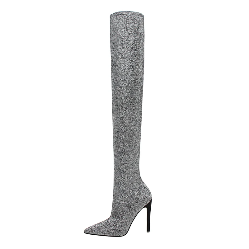 Spring Sexy Women Glitter Over The Knee Boots Winter Bling Thigh Knee High Boots Stiletto Heels Long Sock Boots Party Shoes
