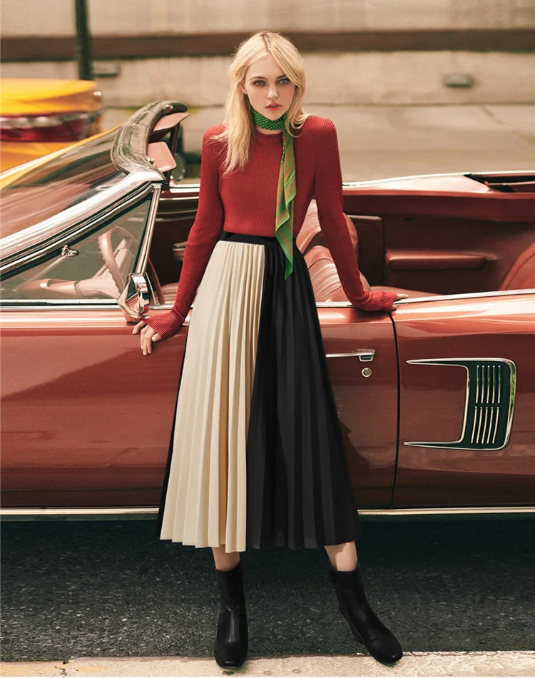 High-waisted Mid-length Mixed Colors Pleated Skirt