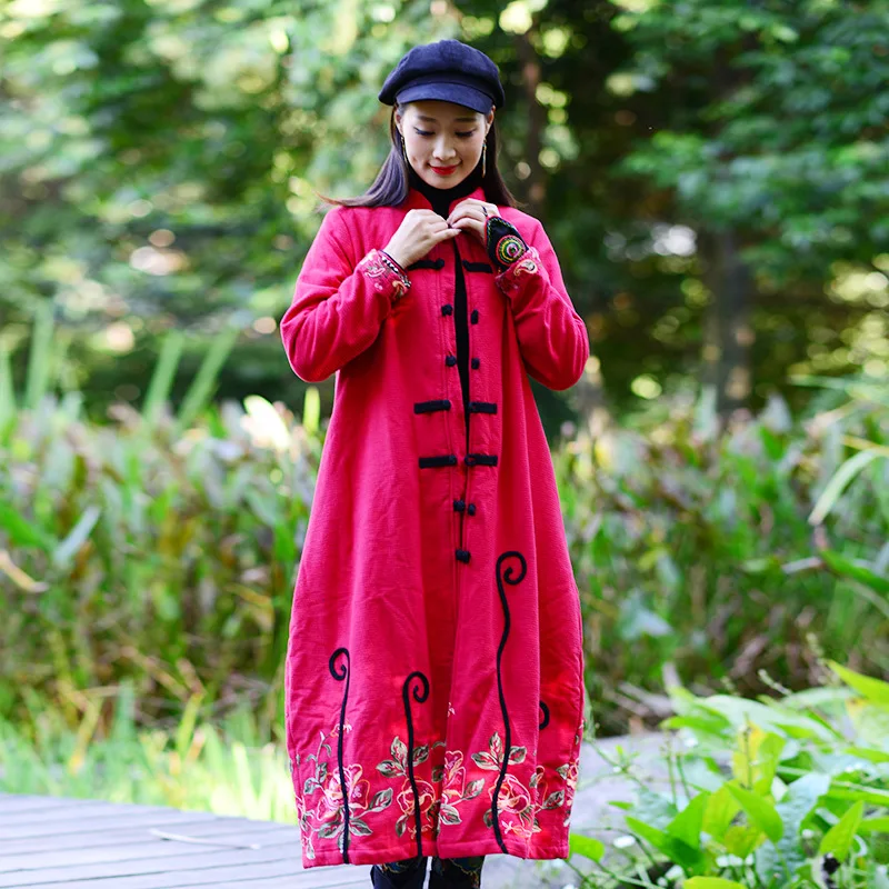 

Cotton Linen Cotton-padded Clothes Female Winter 2018 New Style Long Red with Velvet Lining Retro National Wind Cotton Coat 1590