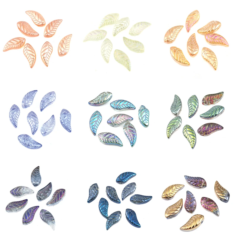 50 PCs Doreen Box Glass Beads Leaf Multicolor AB Rainbow Bead For DIY Fashion Bracelet Jewelry Making16x 8mm, Hole: 0.9mm