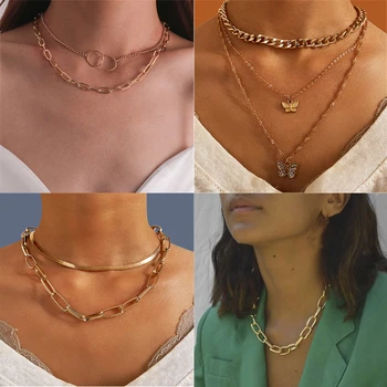 

2020 Bohemian Multi Layer Golden Thick Chain Necklace For Women Fashion Butterfly Crystal Necklaces Female Fashion Statement