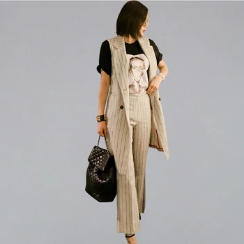 

2019 Fashion 2-Stripes Costumes Women Autumn Long Waistcoat And Ankle-length Pants New Office Wear OL Casual Set