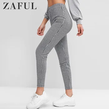 

ZAFUL Women Elegant Gingham Casual Pants Office Ladies Stretchy Regular High Rise Plaid Skinny Leggings 2019