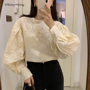 

WHITNEY WANG Blouses 2020 Spring Fashion Streetwear Korea Style Hollow Out Embroidery Blouse Women Blusas Lady Shirt Top