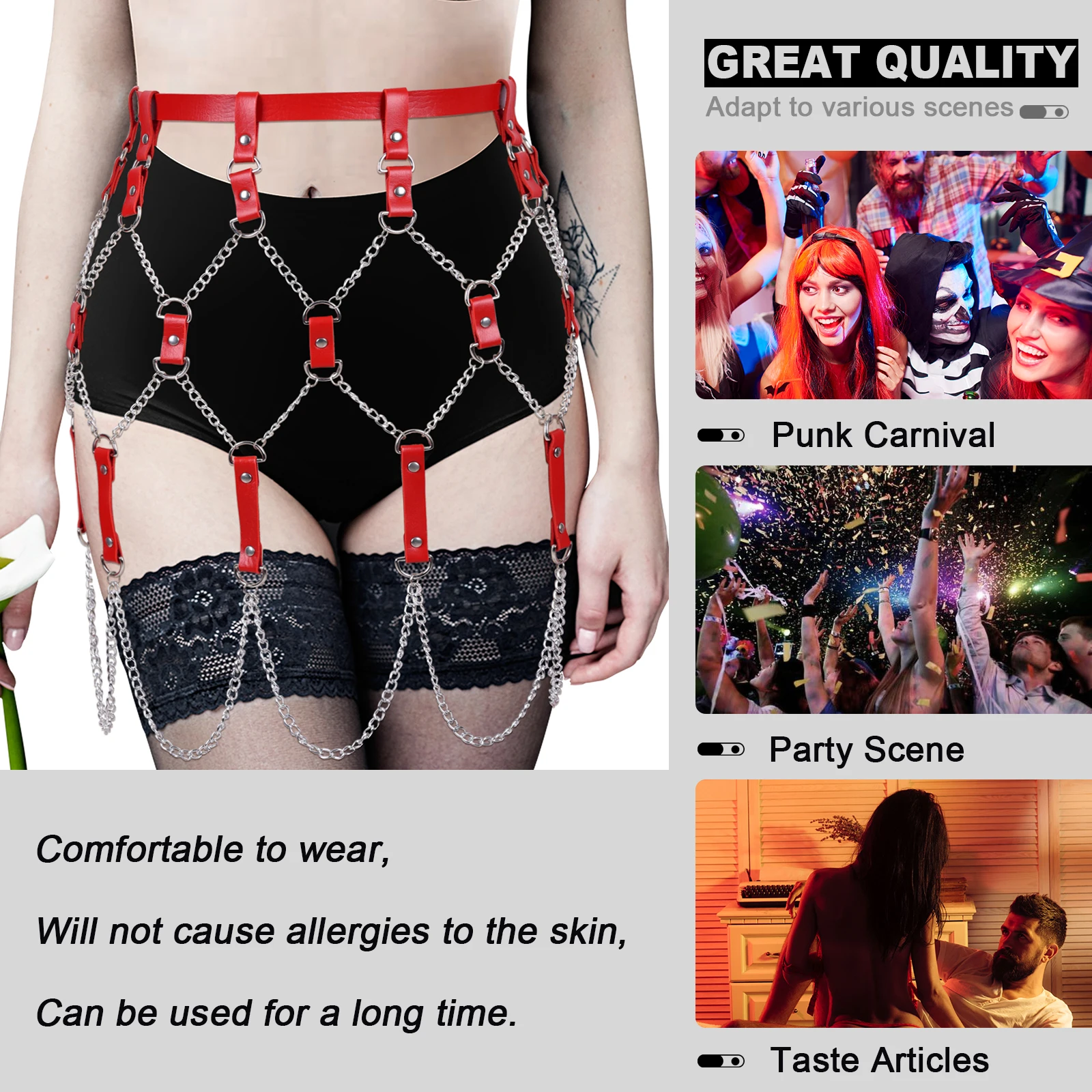 

Punk Leather Body Chain Cage Harness Dress Gothic Hollow Out Hip Hop Sexy Mesh Plaid Silver Metal Chain Skirt Nightclub Party