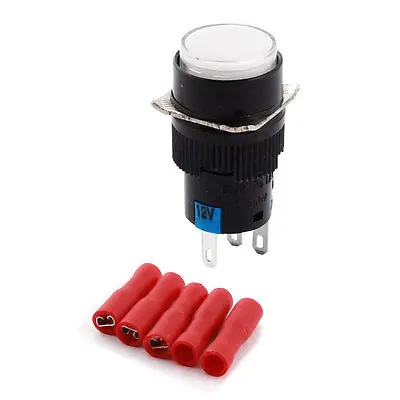 

DC12V White Light 16mm SPDT Locking Round Push Button Switch w Female Connectors