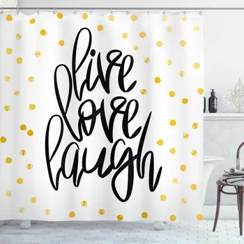 

Live Laugh Love Shower Curtain, Hand Lettering on Dotted Backdrop Inspirational Phrase, Cloth Fabric Bathroom Decor Set with