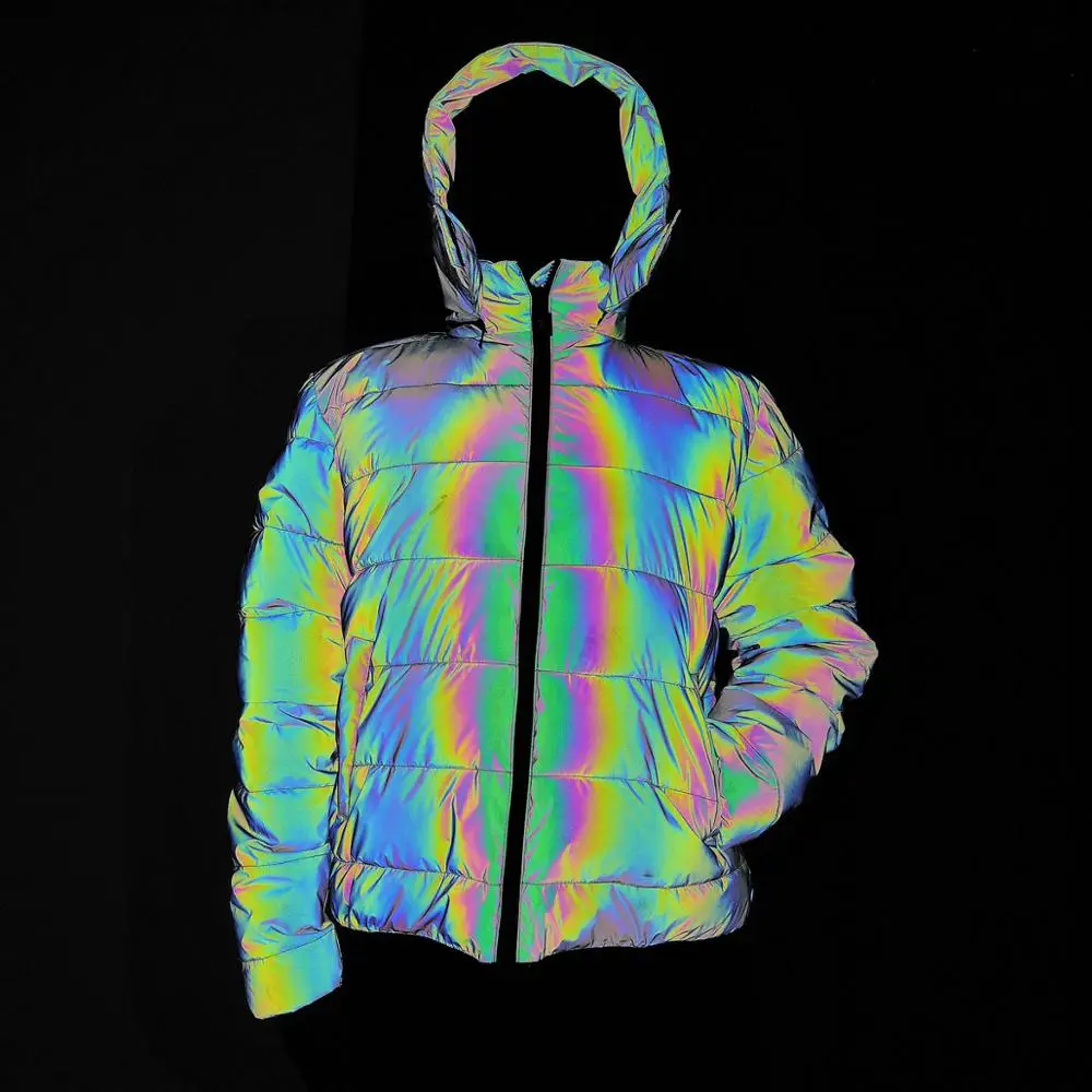 New  2020 Women Colorful Rainbow Reflective Light Winter Jacket Windbreaker Reflecting Glow Hooded Parka