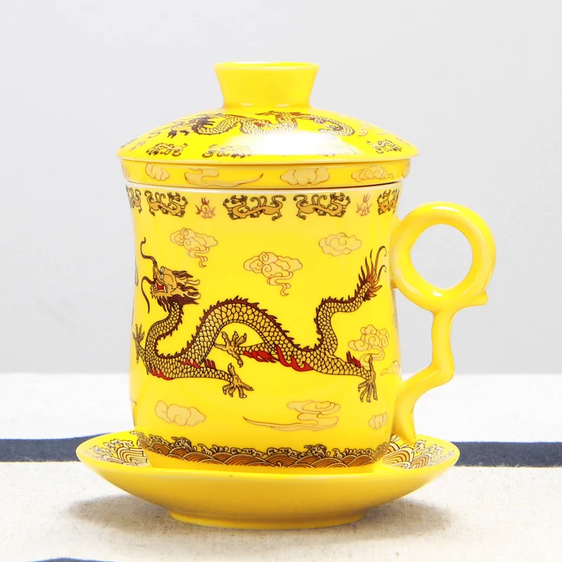 Chinese Dragon Mug for Tea, Ceramic Tea Set with Cover, Water Cup, Filter Infuser, Office Meeting, Four-Piece Set