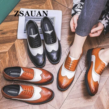 

ZSAUAN Wedding Men Brogue PU Leather Shoes Classic Office Workplace Elegant Nightclub Barber Shop Banquet Formal Men Dress Shoes