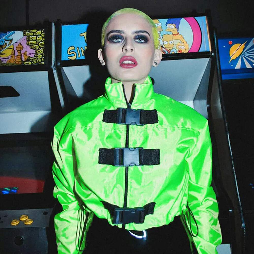 Новинка флуоресцентный зеленый женский кроп Топ с длинным рукавом капюшоном на