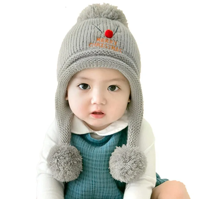 grey MS ragdoll с рождеством, милая детская зимняя шапка, теплая Младенческая шапочка, шапка для детей, детская вязаная крючком шапка с мячом - Цвет: grey