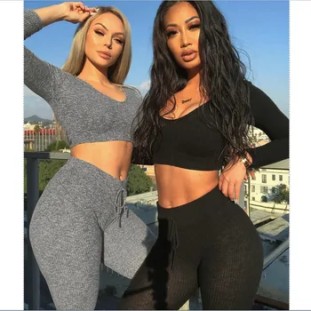 

Autumn Warm Womens Set Sexy Solid Color Two Piece Set Fashion Long Sleeve V-Neck Crop Tops +Long Trousers Slim Outfits 2PCS Set