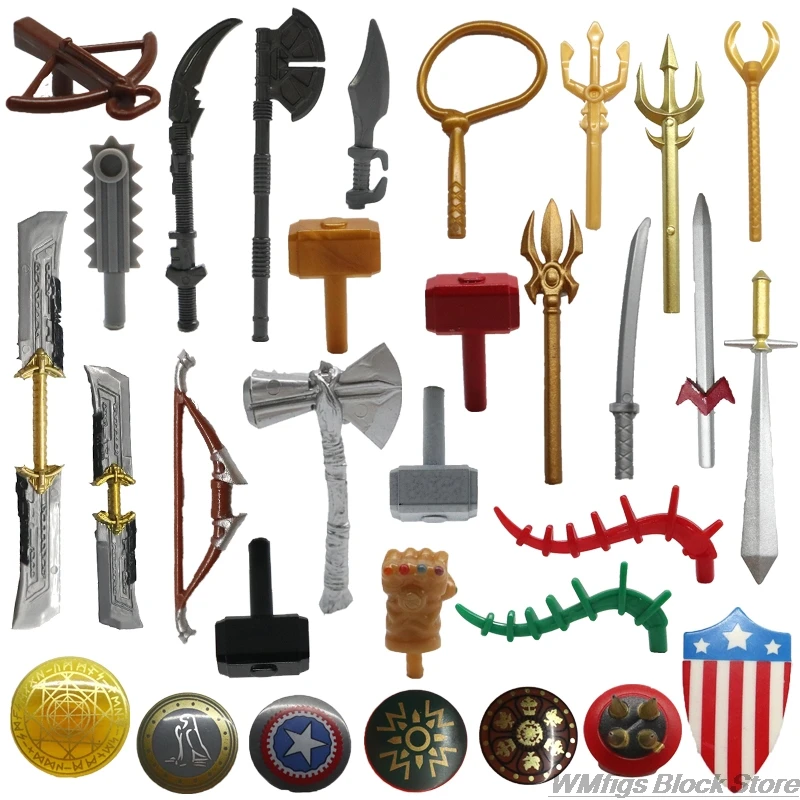 10pcs/lot Weapon Accessories Shield Hammer Axe Sword Bow Arrow Double-edged Sword Movie Figure Building Blocks For Children Toys