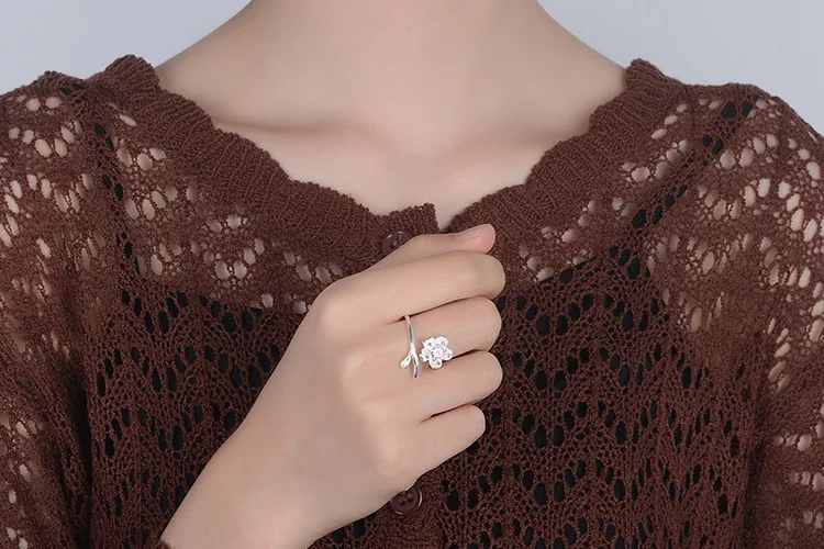 Модное женское кольцо с большим кристаллом фиолетового цвета с фианитами, 925 серебряное милое фиолетовое кольцо с цветком персика, обручальные Регулируемые кольца, кольца для обещаний