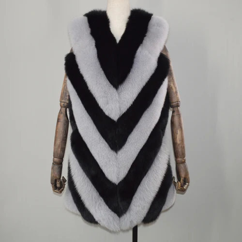 light gray and black Новинка,, женский жилет из натурального Лисьего меха, женский зимний теплый мягкий жилет на лисьем меху, пальто, мода, натуральный жилет из лисьего меха - Color: light gray and black