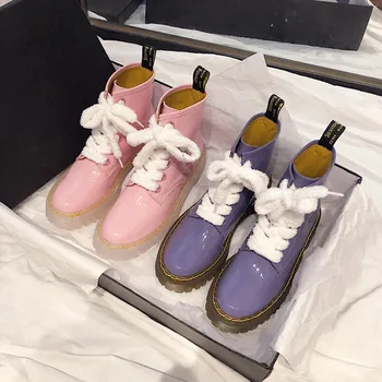

High-end patent leather lace-up thick-soled boots fashionable short barrel Martin motorcycle boots candy-colored women's boots