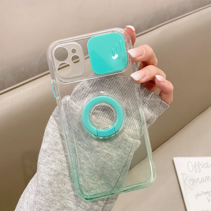 Slide Camera Protection Gradient Clear Case For iPhone 11 12 13 Pro Max XS X S XR 8 7 Plus Ring Holder Stand Transparent Cover phone cases for iphone 11 Pro Max 