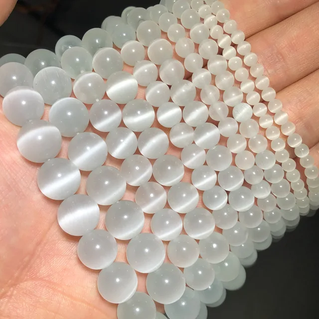 JHNBY Mixed Colors Cat's Eye opal Natural Stone 4/6/8/10/12MM Spacer glass Loose beads for Jewelry making DIY bracelets Findings White