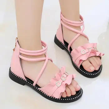 

Girls Sandals Summer 2020 New Fashion Leather Children Princess Shoes Soft Bottom Little Girls Roman Shoes Zipper Kids Sandals