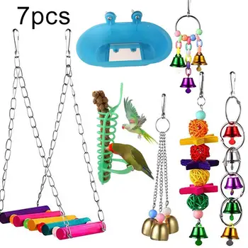 

7Pcs Pet Bird Parrot Bell Ball Bathtub Feeder Hanging Cage Swing Bite Chew Toy Hanging Cage Decor