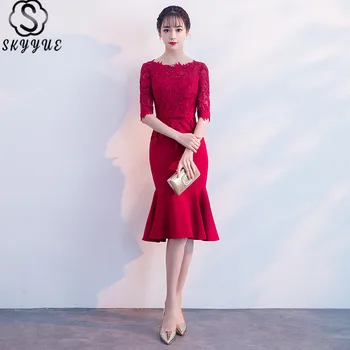 

Skyyue Prom Dresses 2019 O-Neck Embroidery Solid Prom Dress Half Sleeve Plus Size Knee-Length Mermaid Prom Dress H209
