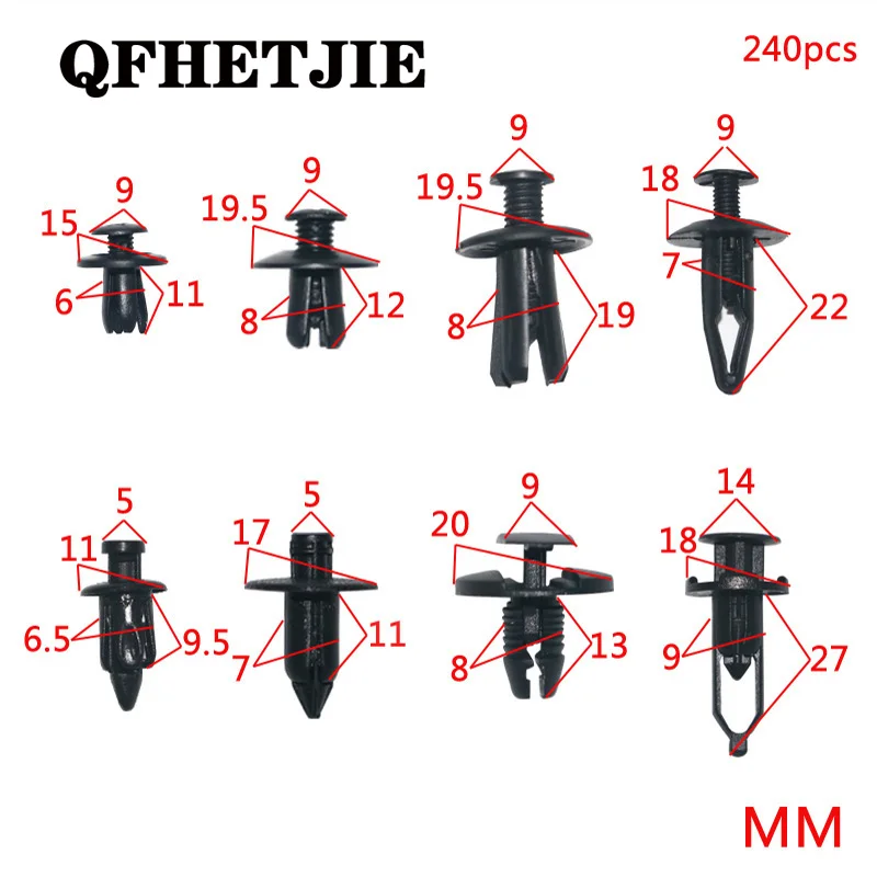

240pcs Black Plastic Mixed Auto Fastener Vehicle Car Bumper Clips Retainer Rivet Door Panel Fender Liner For Honda Acura AUDI