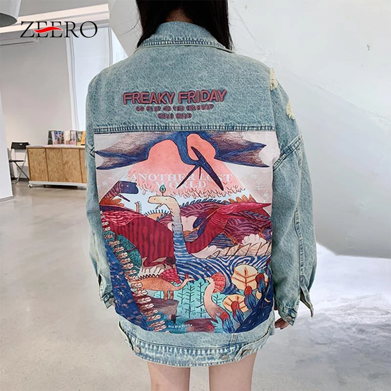 2022 Spring Women Oversize Denim Coat Chaquetas Mujer Dinosaur Patch Single-breasted Jacket Fashion Long Sleeve Loose Jeans | Женская