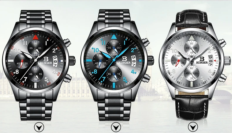 Бингер Спортивный Хронограф Мужские пилоты наручные часы черный стальной ремешок для часов Топ люксовый бренд Мужские кварцевые часы Мальчик наручные часы