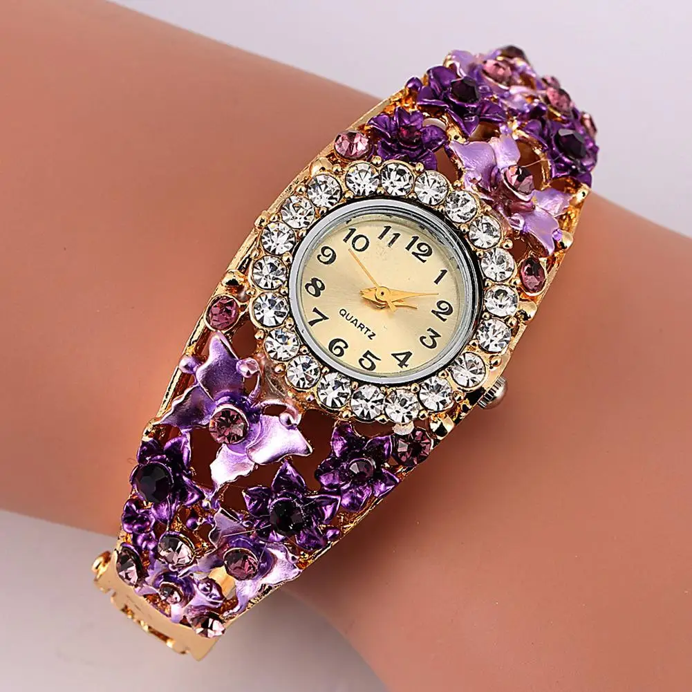Reloj de aleación de cristal para mujer, pulsera de cuarzo con diamantes de imitación y flores