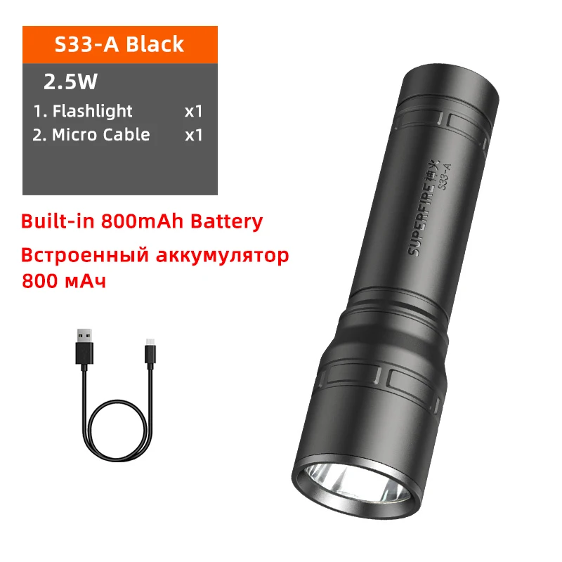 2022 SUPERFIRE S33-A Super bright LED Flashlight Built in Battery 4 lighting modes Mini Torch for Camping Hunting Bicycle Light flashlights for sale Flashlights