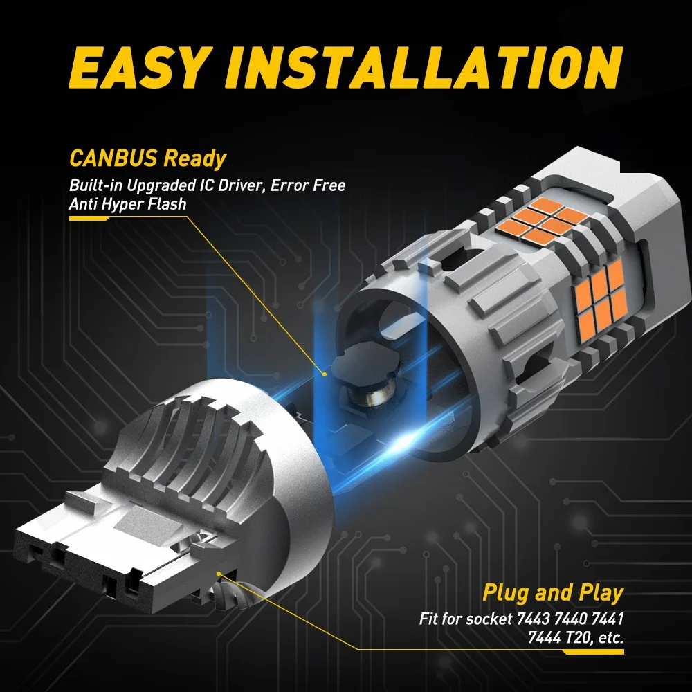 Светодиодный фонарь поворота T20 2 шт. без Hyper Flash 7440 Вт W21W WY21W Canbus желтый 3020 SMD 12