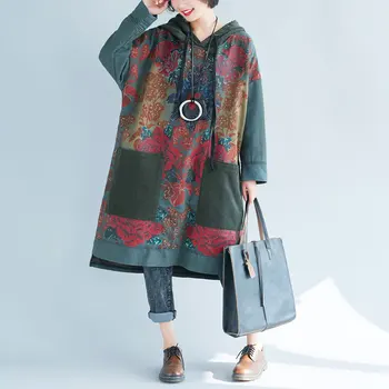 

Fashion 2020 new hooded mid-length hoodie oversize ethnic print vintage dress
