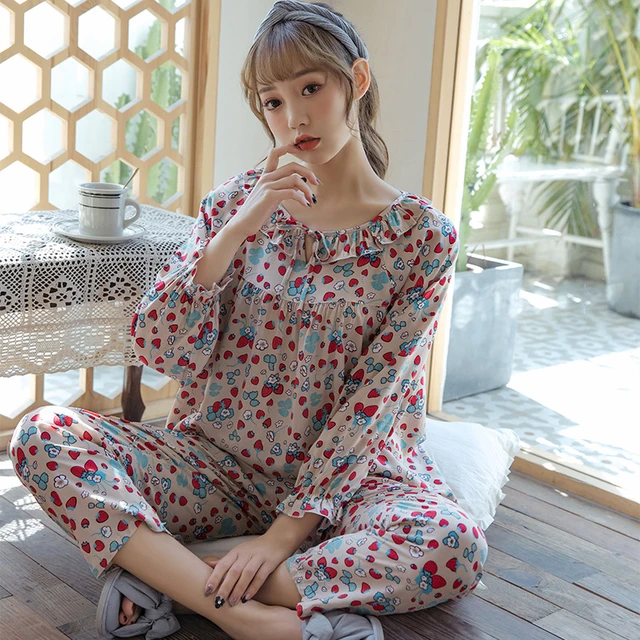 Strawberry Flower Print Pajamas Set Women New 2PCS Sleepwear Cute Casual  Sleep Suit Female Loose Pyjamas Suit Home Wear - AliExpress