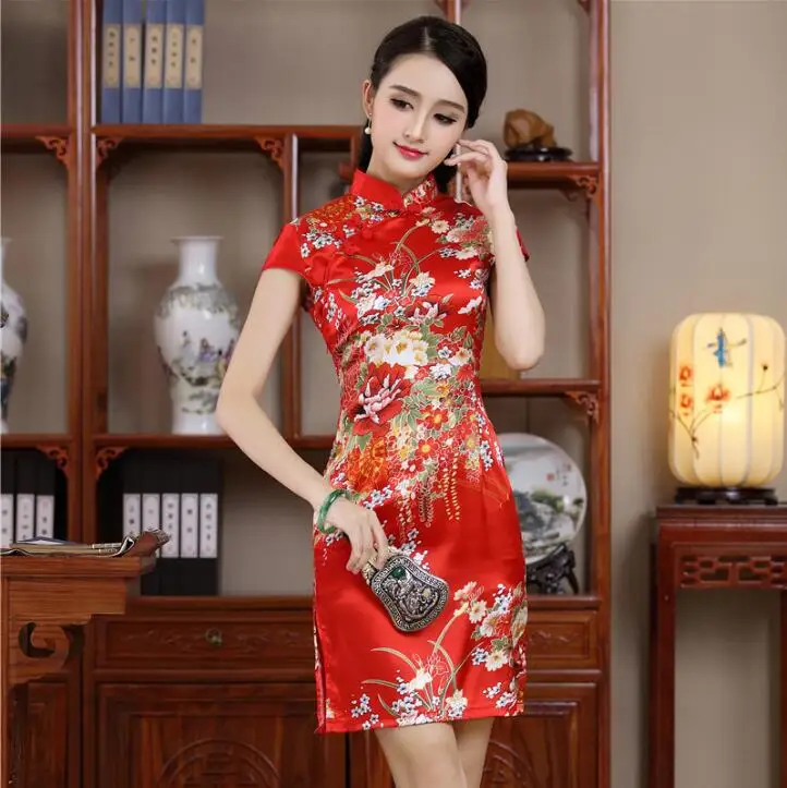 Black Lady Qipao Vintage Mandarin Collar Chinese Dress Classic Print Flower Sexy Mini Slim Cheongsam Sleeveless