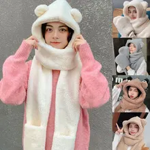 

Little Bear Hat Windproof Three Piece Set Winter Thick Hooded Scarf With Mittens Comfortable Plush Scarf Hat Gloves 3 Piece