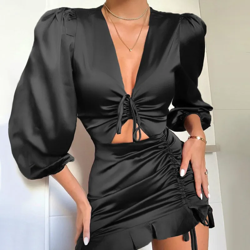 DEAT 2021 Summer Women New Style Fashion Long Sleeve V-neck Drawstring Ruffles Hem Streetwear High Waist Slim Dress RC698 | Женская