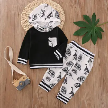 

New Children Black White Hooded Pocket Clothes Set Top Dinosaur Print Trousers Two-piece Suit