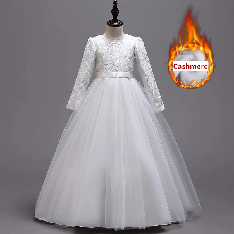 Платья с длинными рукавами для девочек, держащих букет невесты на свадьбе; кружевные платья для первого причастия; платье для дня рождения из соленой пряжи; вечерние платья - Цвет: white