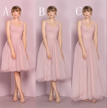 

2019 Hot Sale V Neck Three Length A Line Tulle Bridesmaid Dress for Wedding Party